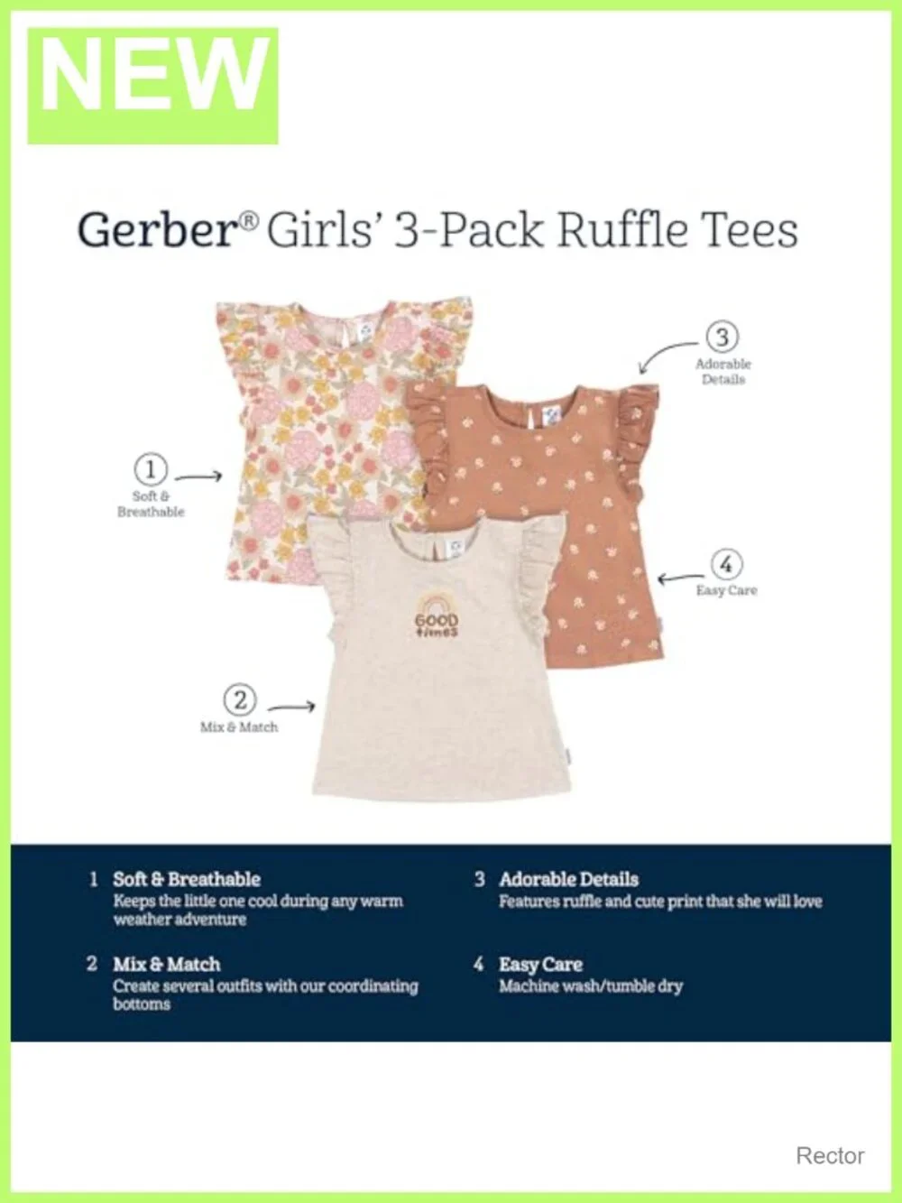 Toddler Girls 3-Pack Short Sleeve Ruffle Tees Crew Neck